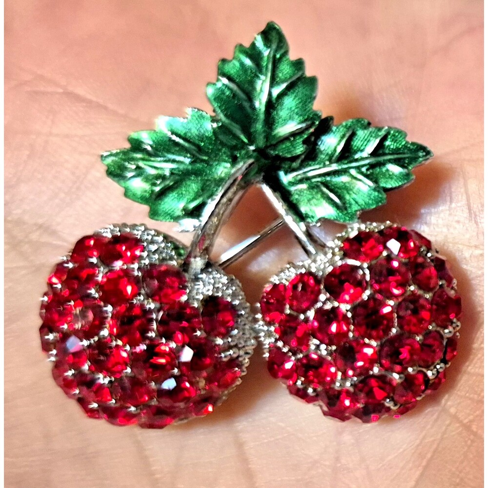 Red Rhinestone Cherry Brooch Enamel Leaves Vintage Statement